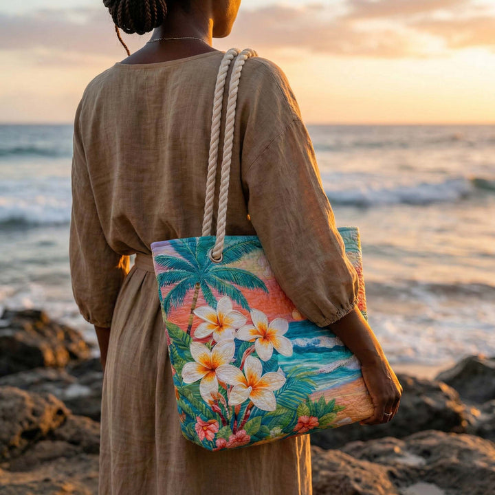 Veda Bremen Tropical Vibe quilted beach bag with vibrant tropical pattern and sturdy handles for stylish seaside carry.