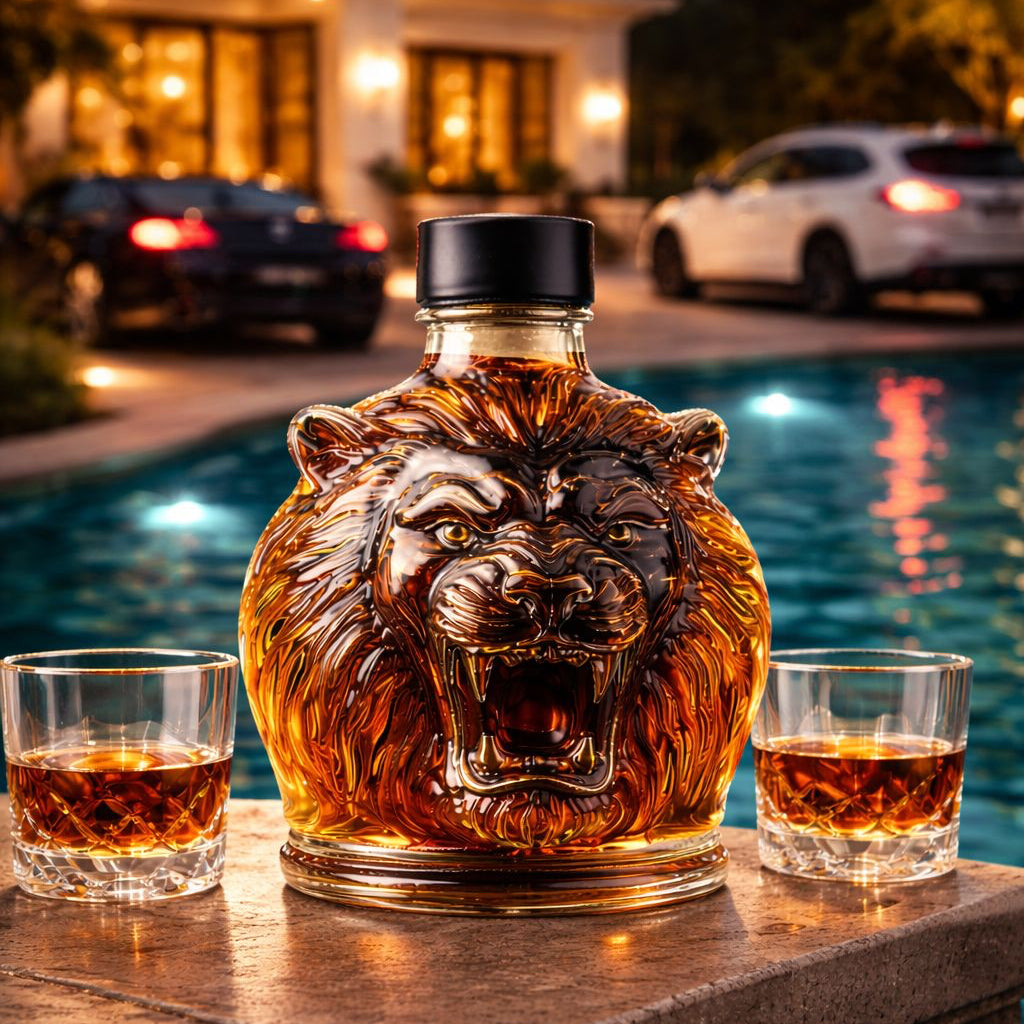 Veda Bremen Löwen Edition whisky bottle with detailed label and distinctive design on clear glass.