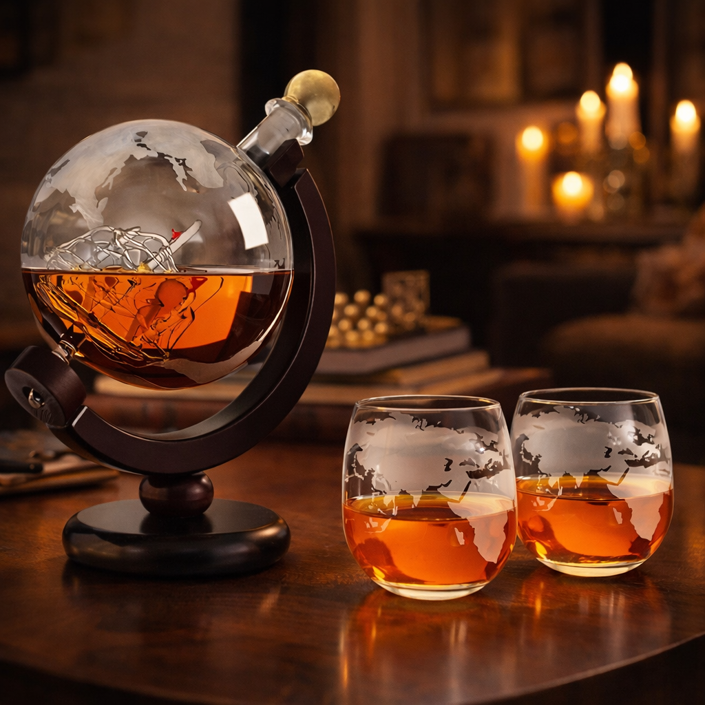 Veda Bremen Whisky Flasche with Weltkarten Edition label, featuring a world map design on the bottle.