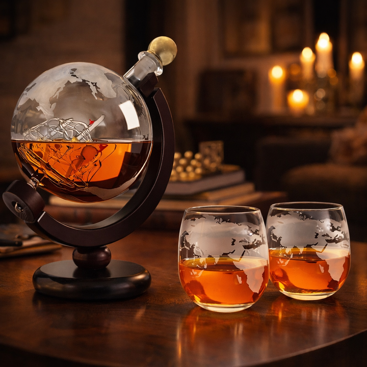 Veda Bremen Whisky Flasche with Weltkarten Edition label, featuring a world map design on the bottle.