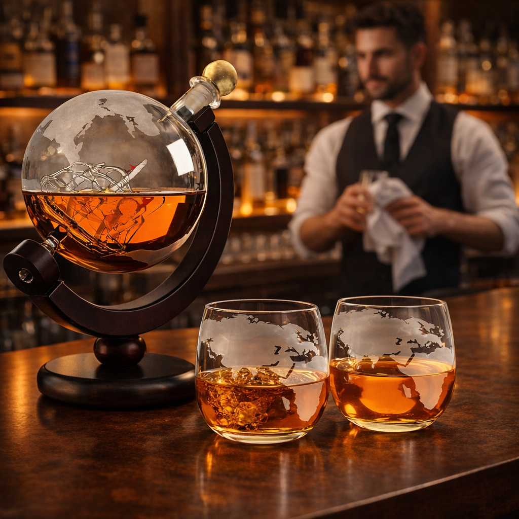 Veda Bremen Whisky Flasche Weltkarten Edition with detailed world map label, elegant design, and clear glass showcasing the whisky inside.