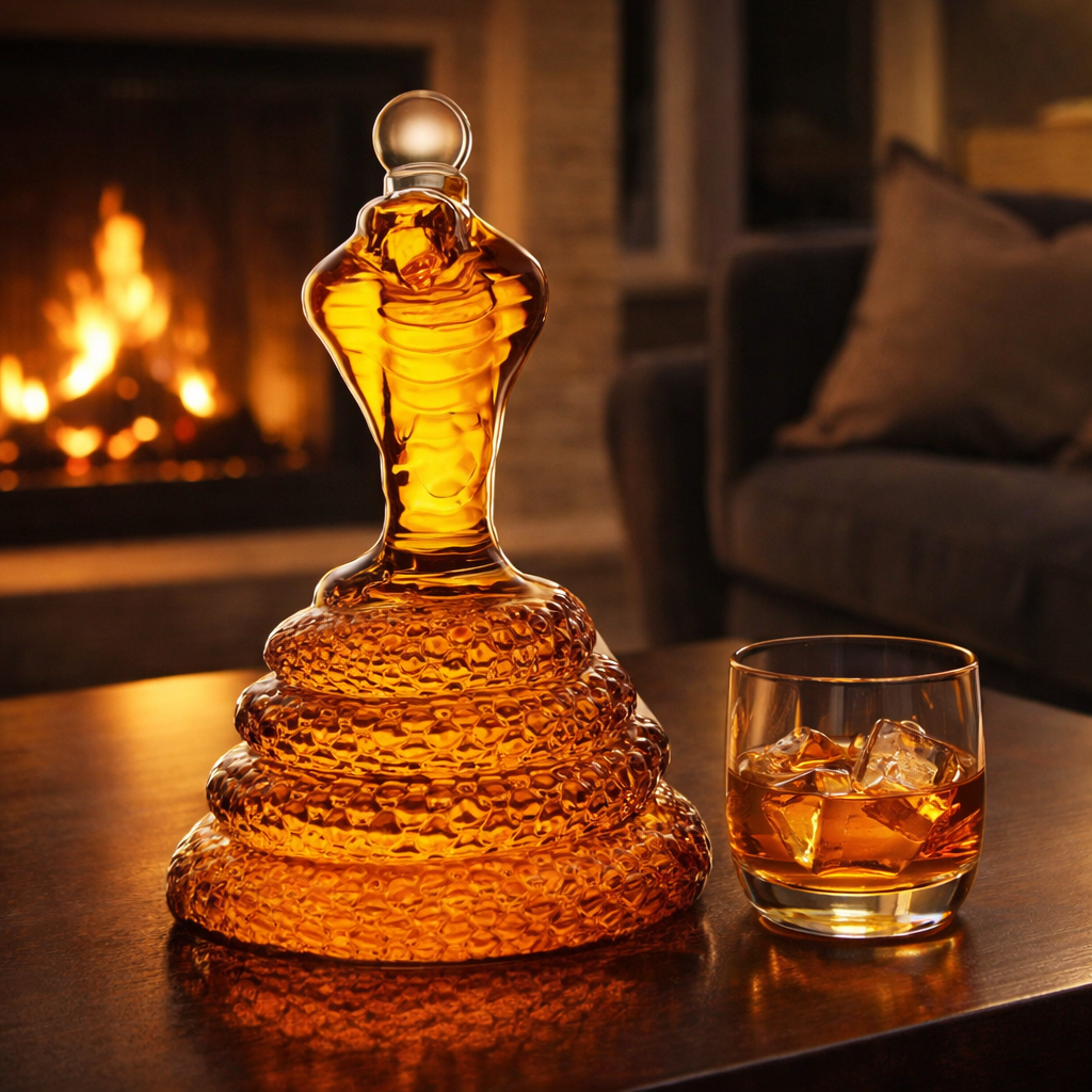 Veda Bremen Cobra Edition whisky bottle with distinctive cobra-themed label and sleek glass design.