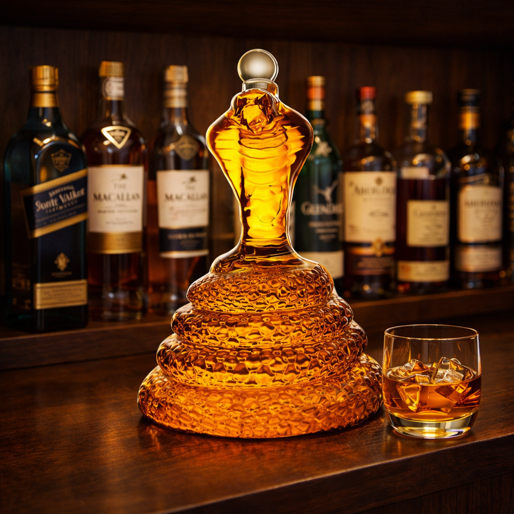 Veda Bremen Cobra Edition whisky bottle, sleek glass container with label and cap, showcased on a plain background.