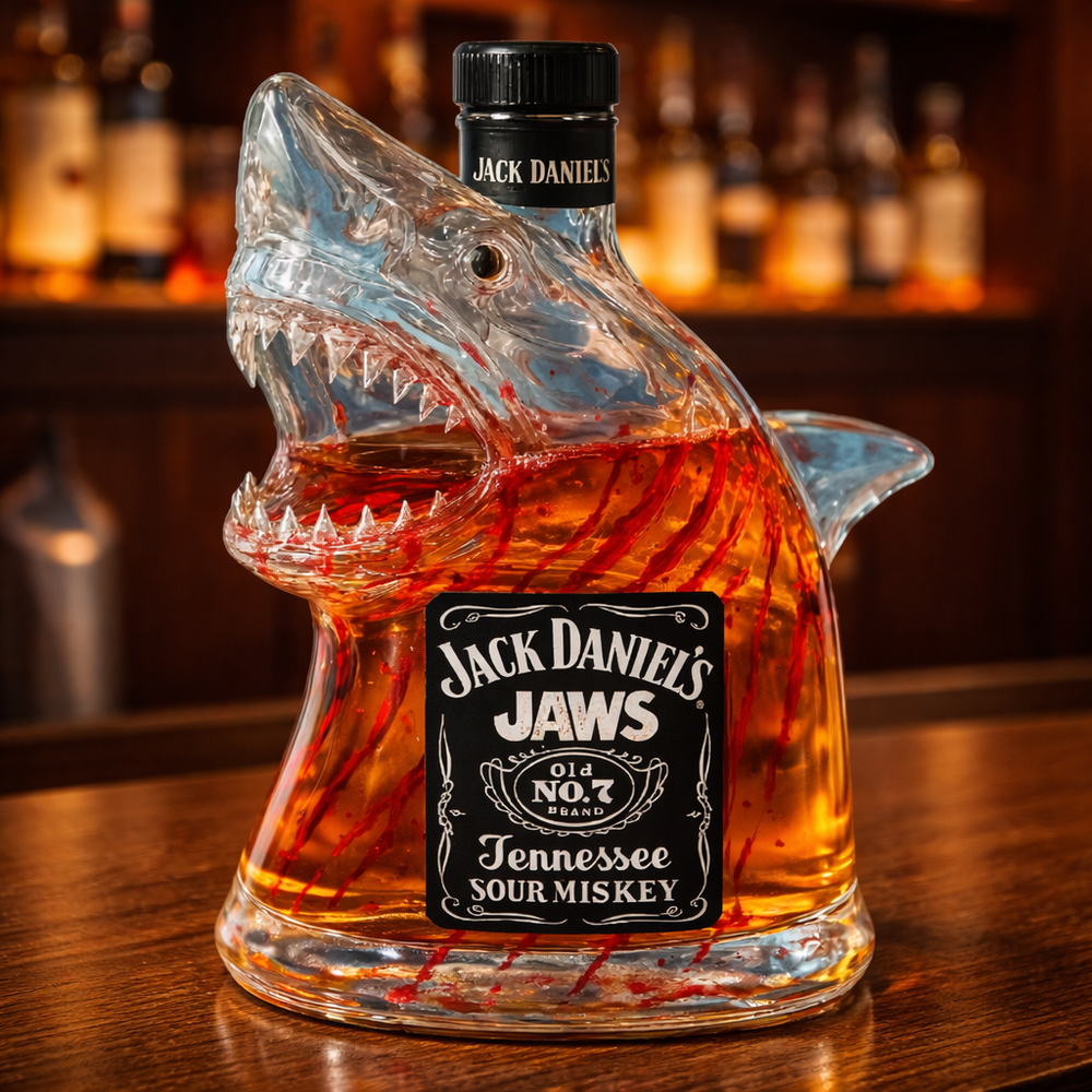 Veda Bremen Hai Edition whisky bottle with distinctive shark-themed label and clear glass showcasing the amber liquid inside.