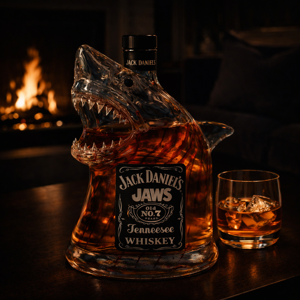 Veda Bremen Hai Edition whisky bottle with a distinctive shark design label, sleek glass bottle, and modern branding.