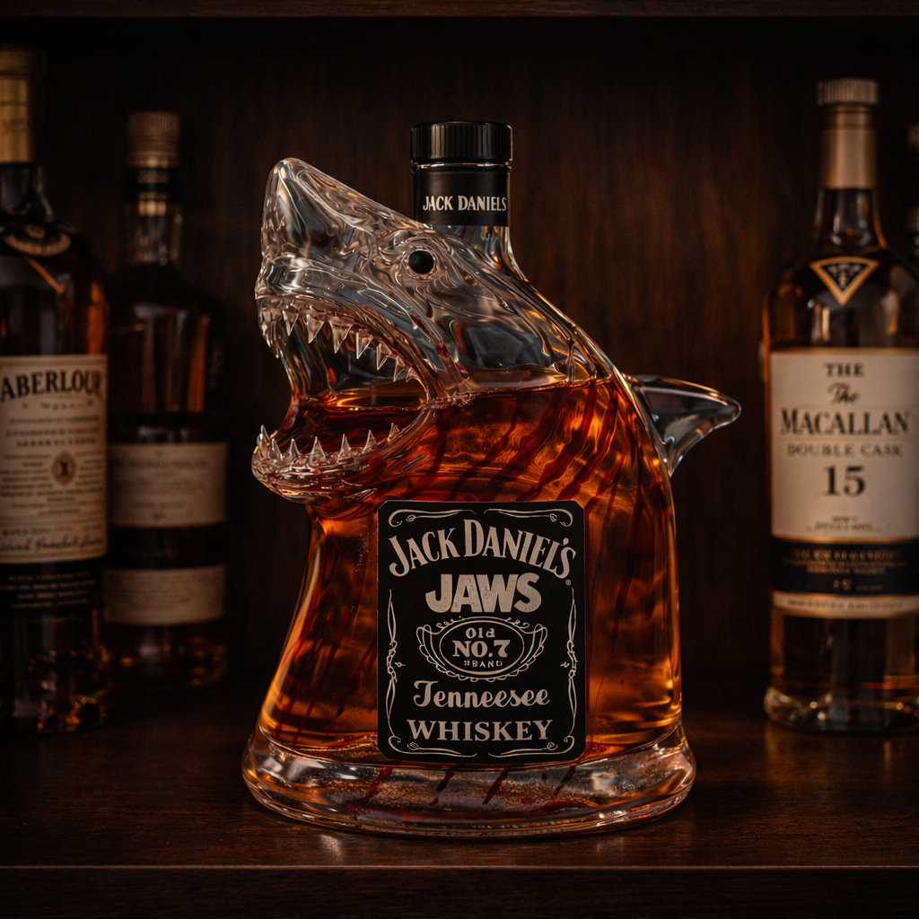 Veda Bremen Whisky Flasche Hai Edition, clear glass bottle with shark design label, featuring whisky inside.