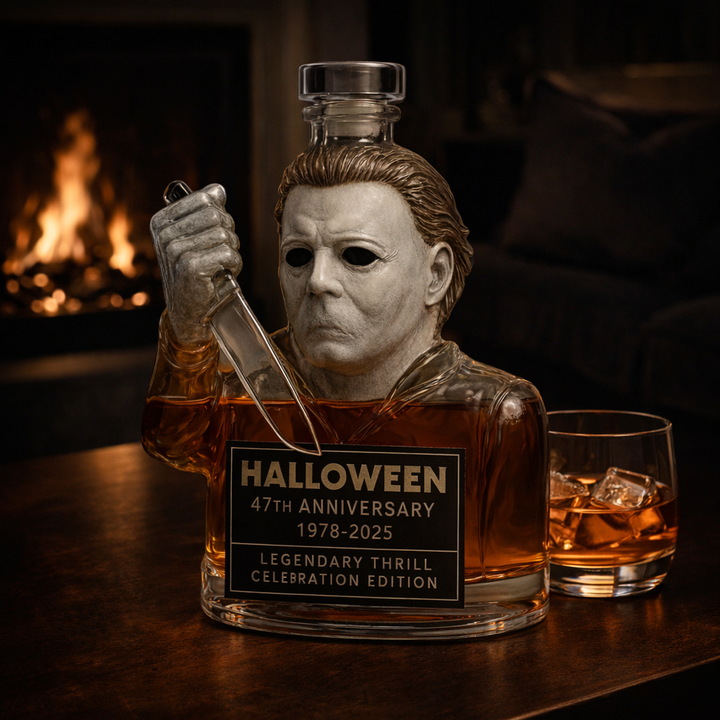 Veda Bremen Murder Edition whisky bottle with dark label and distinctive design, displayed on a wooden surface.