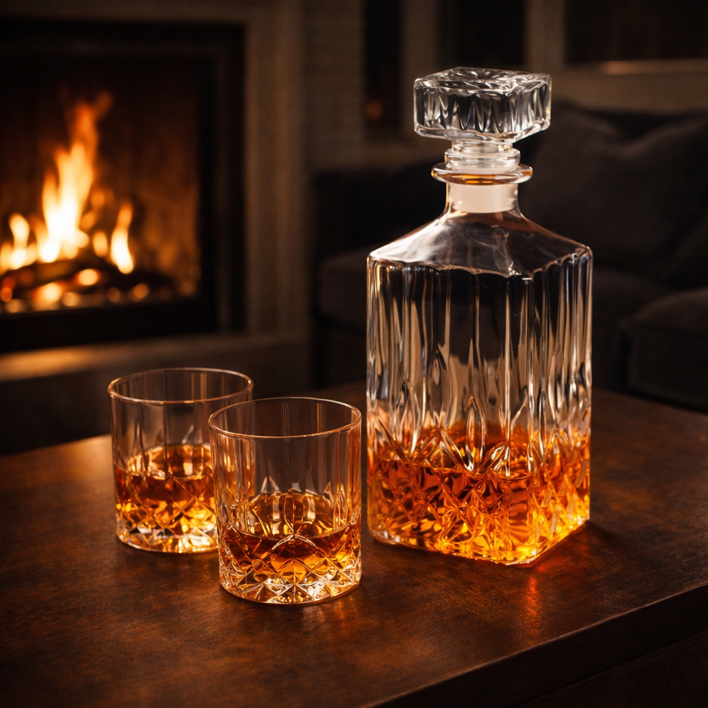Veda Bremen whisky bottle and glass set, clear glass bottle with cork stopper and matching whisky glass on a wooden surface.