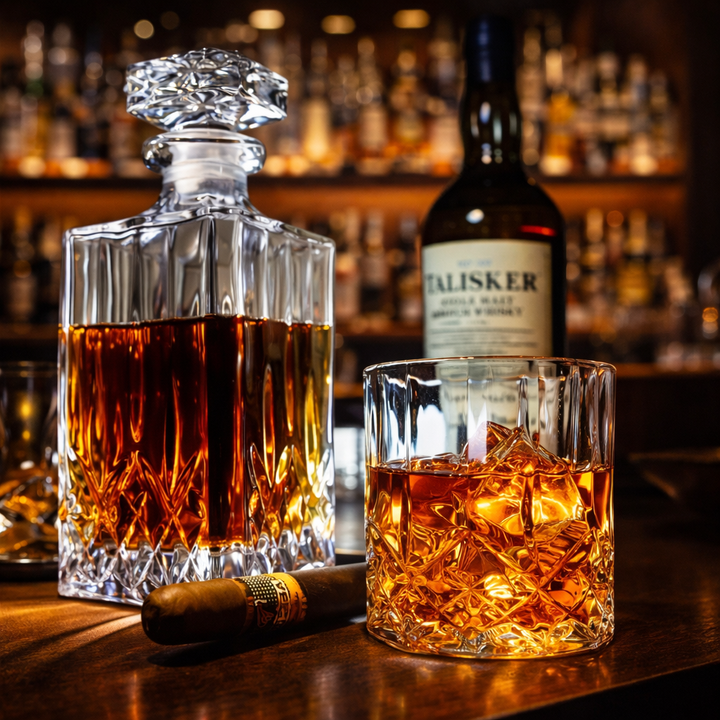 Veda Bremen Whisky bottle set with a glass, featuring a clear glass whisky bottle and a matching drinking glass.