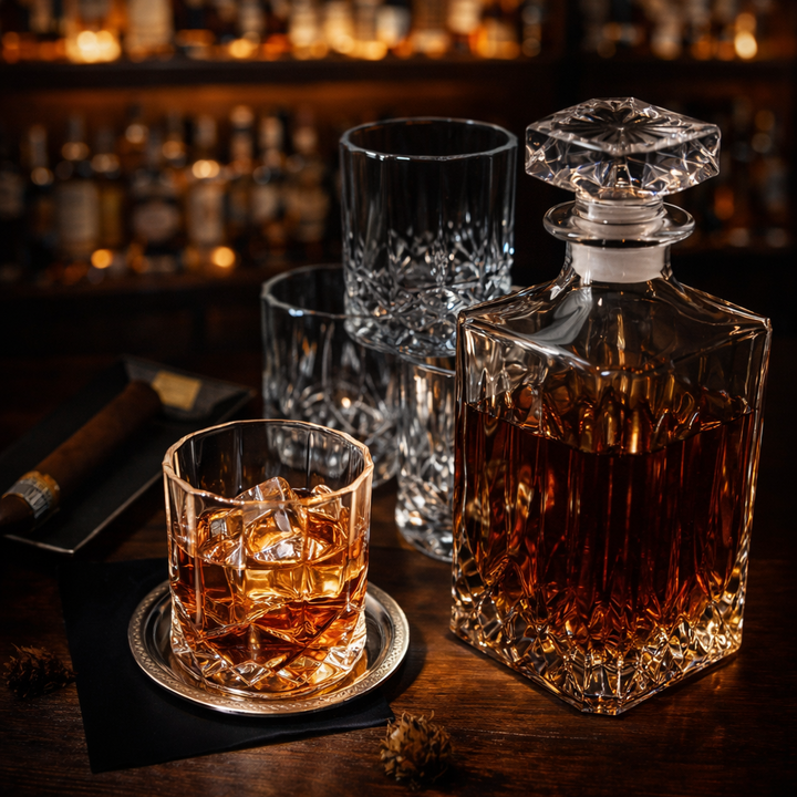 Veda Bremen whisky bottle set with a clear glass tumbler, featuring a sleek design and elegant packaging.