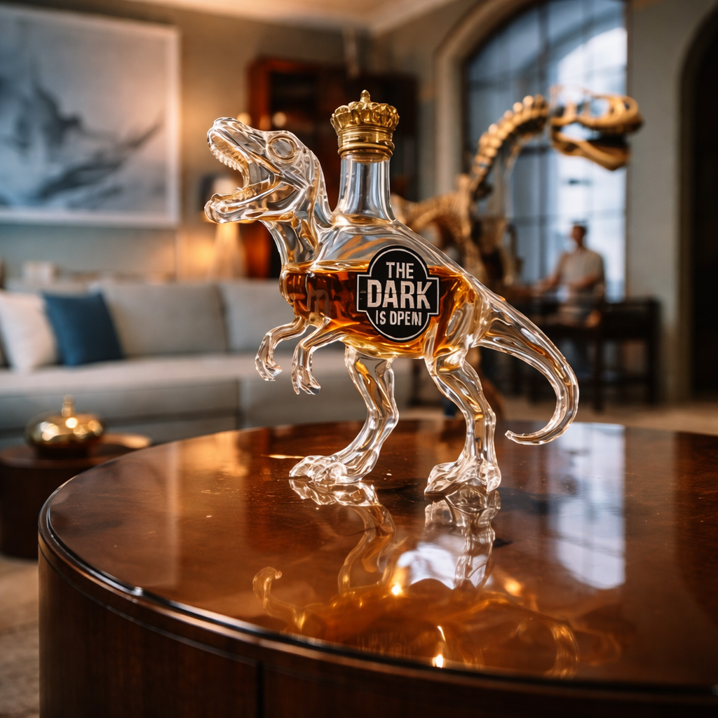 Veda Bremen Whisky Flasche T-Rex Edition with detailed dinosaur design and clear glass showcasing the whiskey inside.