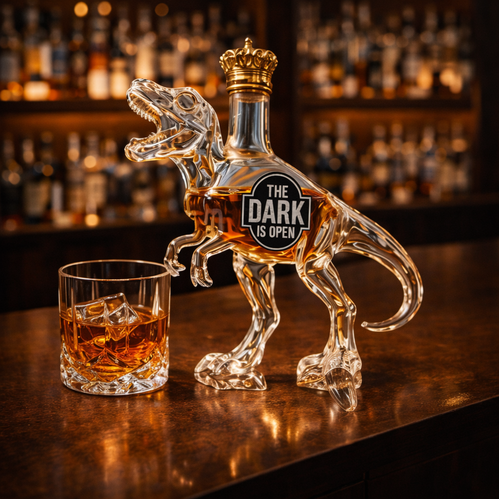 Veda Bremen T-Rex Edition whisky bottle with a detailed T-Rex design on the label and clear glass body.