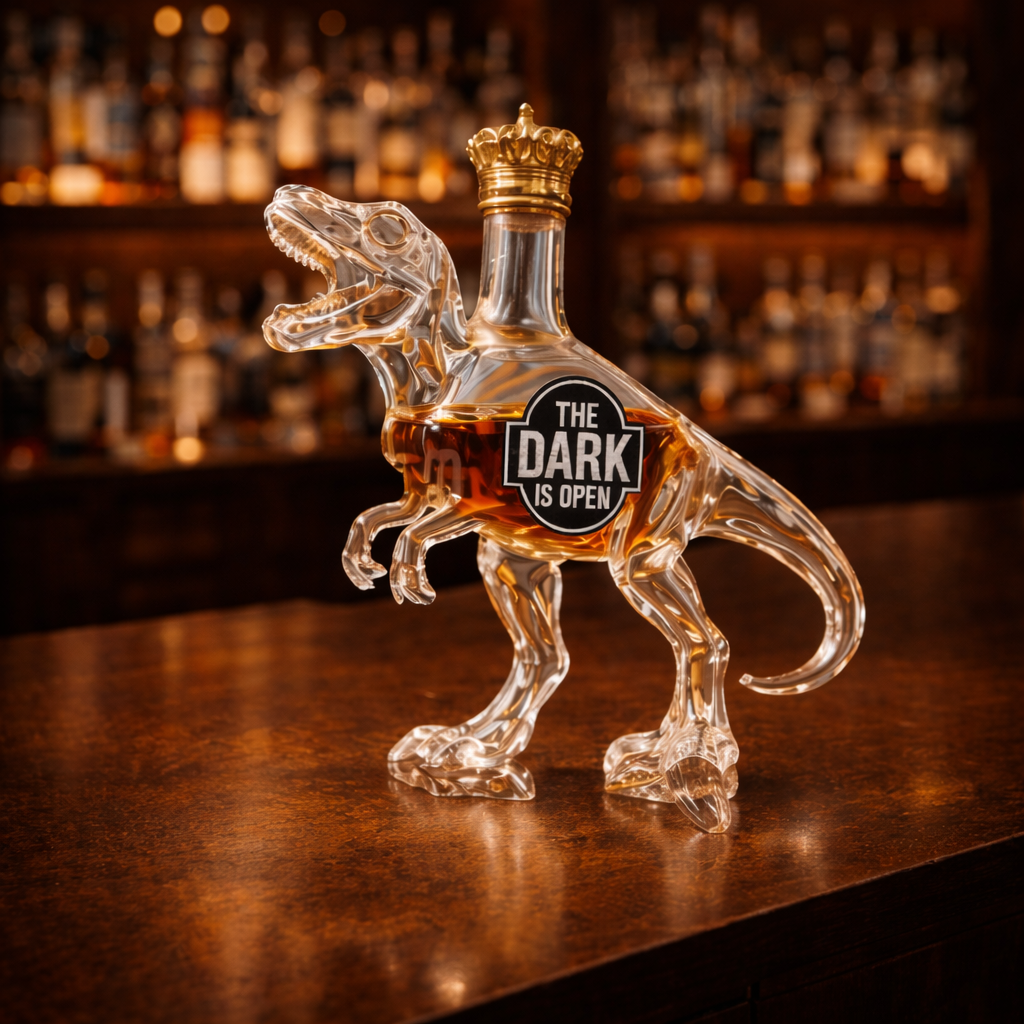Veda Bremen T-Rex Edition whisky bottle with a fierce T-Rex graphic label, clear glass bottle, and metal cap.
