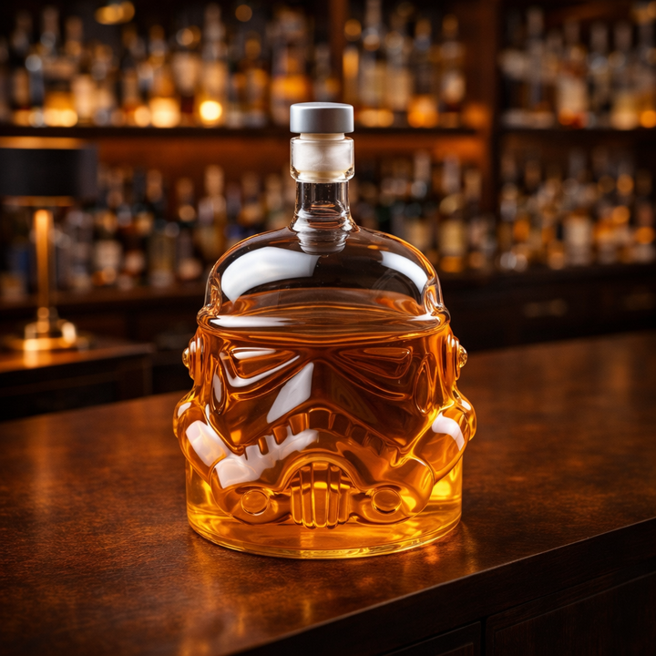 Veda Bremen Whisky bottle and glass set, elegant glassware with a clear whisky bottle on a wooden surface, stylish and sophisticated.