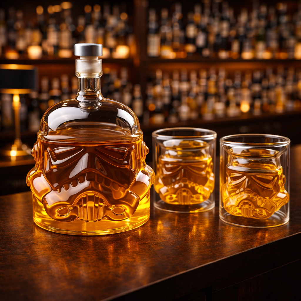 Veda Bremen whisky bottle and glass set edition, clear glass bottle with label, and matching whisky glass on a wooden surface