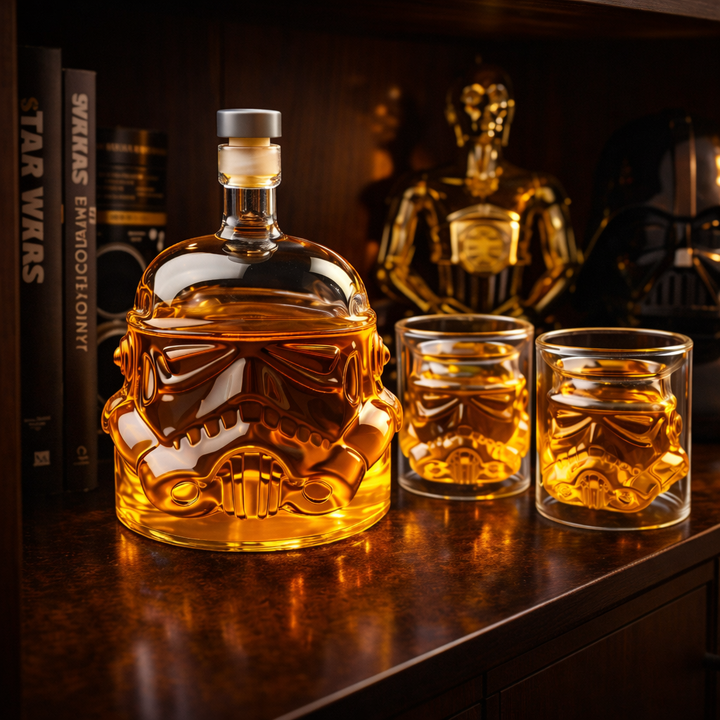 Veda Bremen whisky bottle and glass set, elegant design with a clear glass bottle and matching whisky glass on a neutral background.