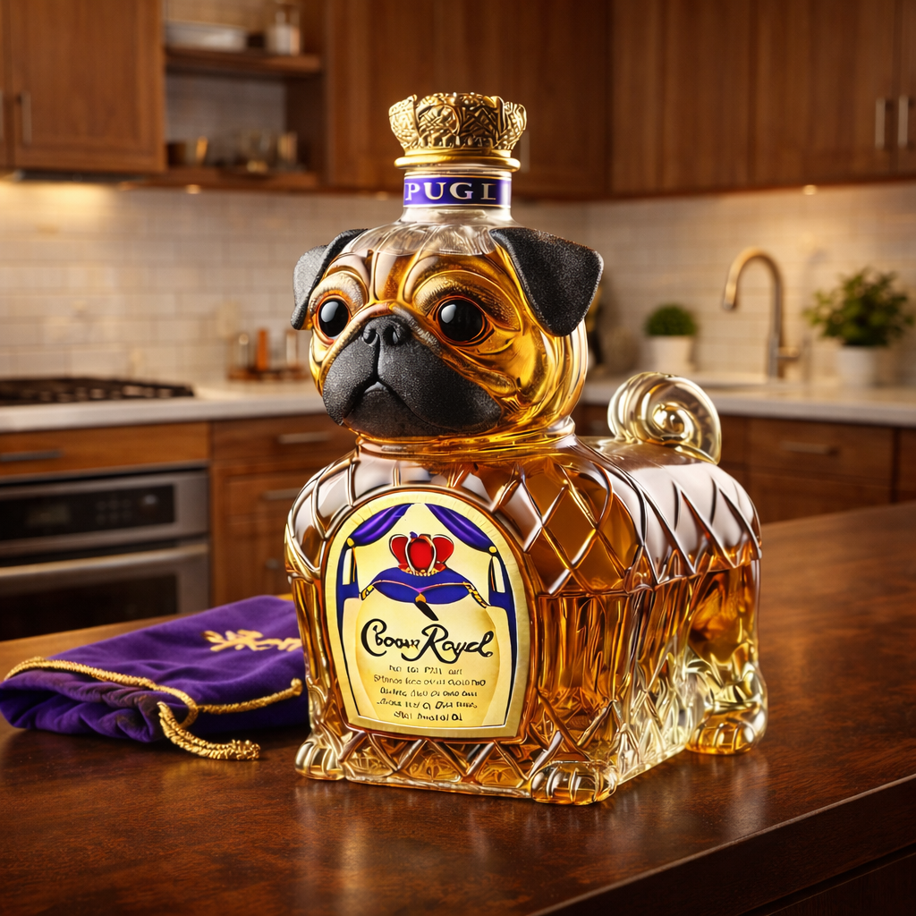 French Bulldog edition whisky bottle by Veda Bremen, featuring a detailed bulldog design on the glass bottle.