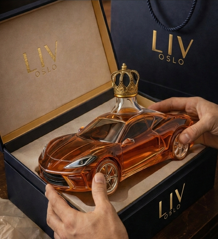 Veda Bremen Corvette Edition whisky bottle with sleek label design and stylish cap, displayed on a neutral background.
