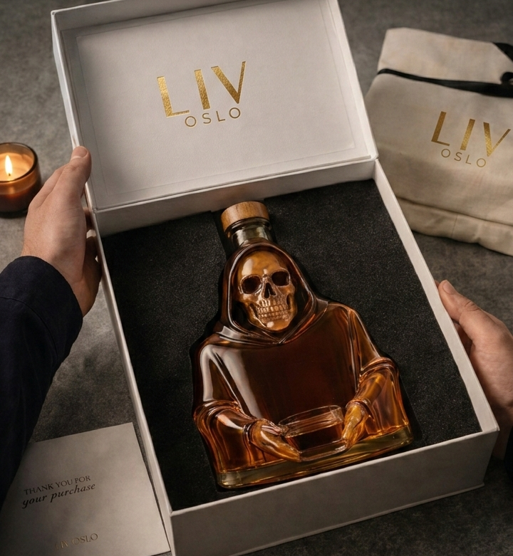 Veda Bremen Death Edition whisky bottle with dark, artistic label design and sleek glass container.