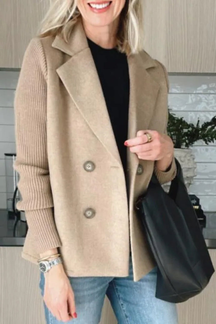 Khaki Siena blazer by Lurolondon with knitted sleeves, tailored fit, and stylish design for a polished look.