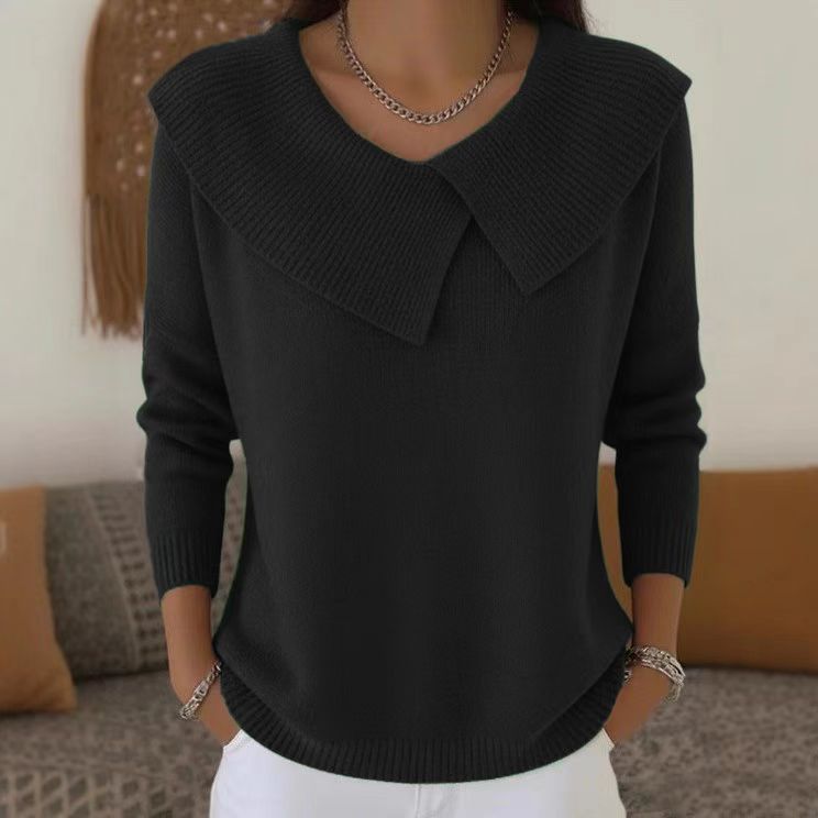 Black Linda soft collar sweater by Lurolondon worn by a model, showcasing its cozy fit and stylish design.