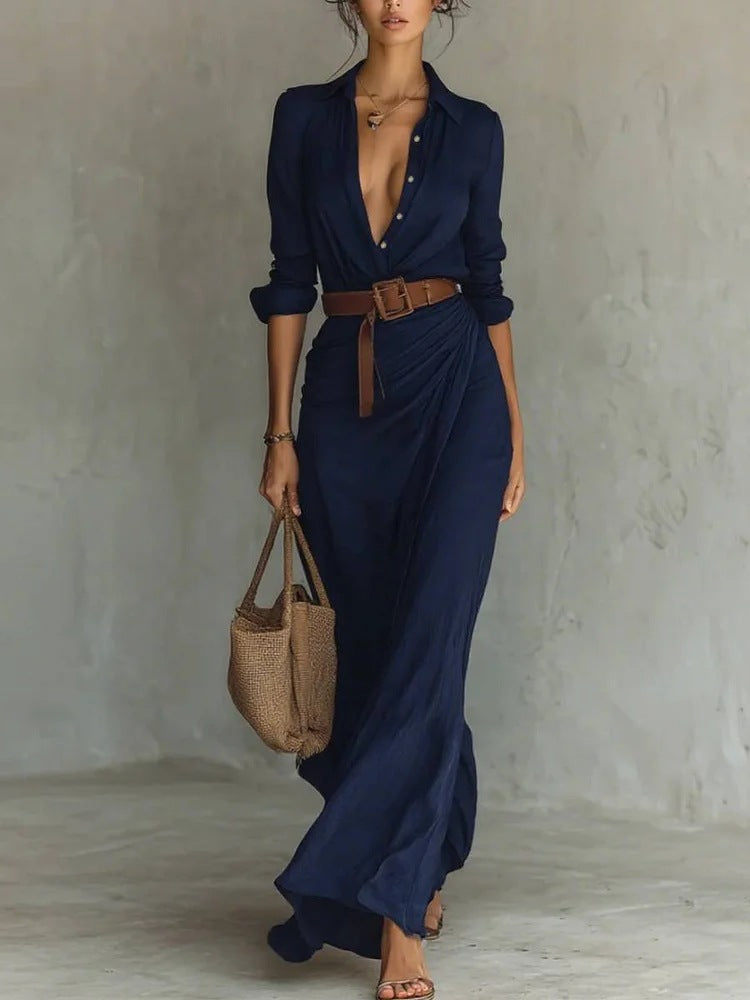 Navy lapel wrap maxi dress by Lurolondon, featuring a flowing silhouette and elegant lapel detail, perfect for formal occasions.