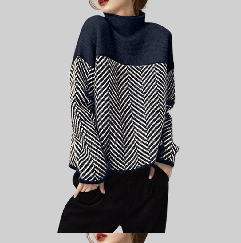 Navy LIV cotton turtleneck sweater shown on a model, featuring a classic fit and soft cotton fabric for a stylish, comfortable look.