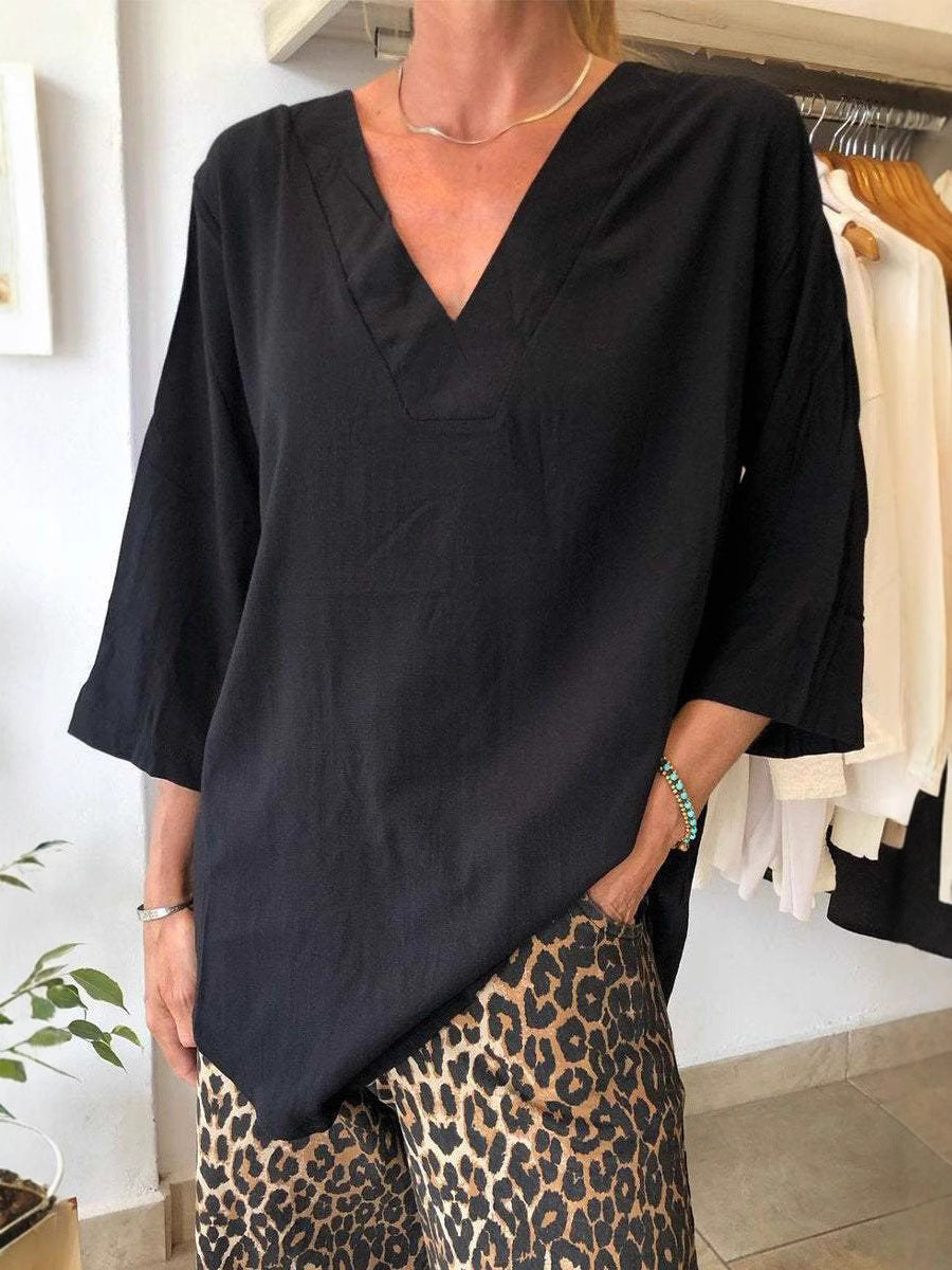 Veda Bremen Amy stylish button-up shirt in soft fabric, featuring a classic collar and long sleeves, displayed on a hanger.