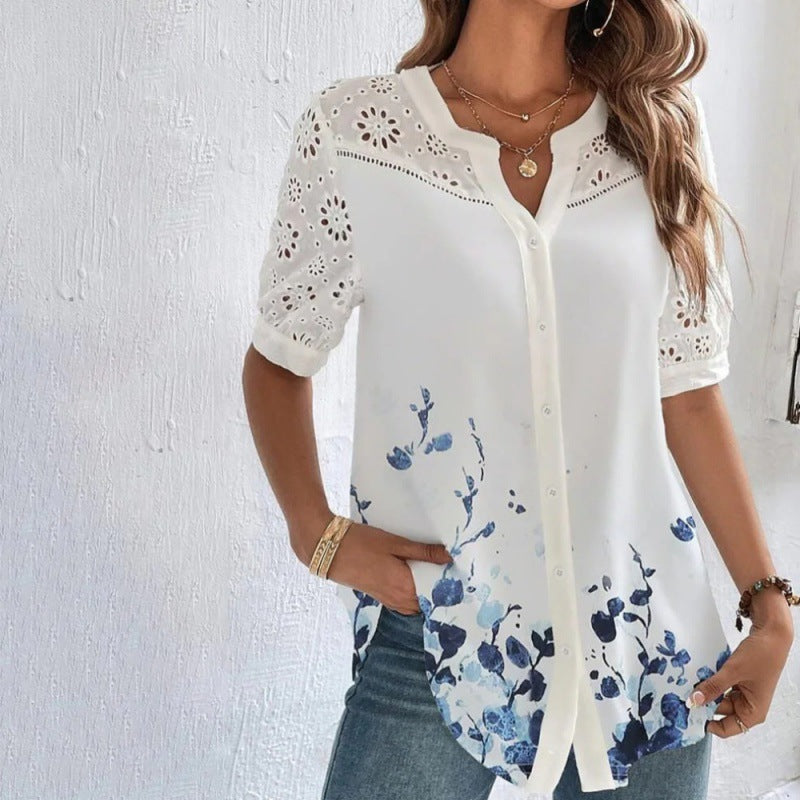 Veda Bremen Vivian casual blouse with lace and print, featuring a relaxed fit and lightweight fabric, displayed on a hanger.