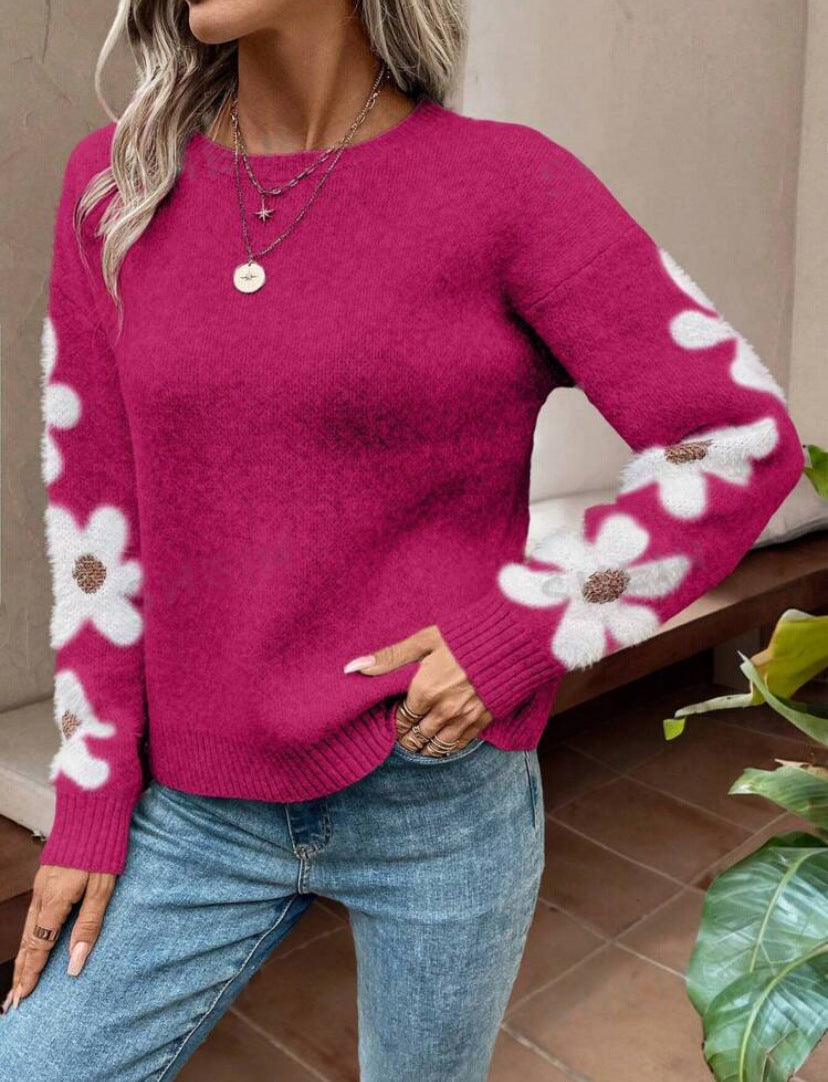 LuroLondon floral round neck sweater featuring a colorful floral pattern on soft fabric.
