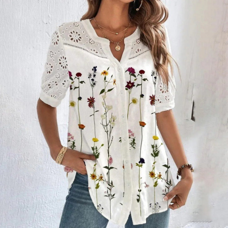 Veda Bremen Vivian casual blouse with lace print, featuring a stylish and relaxed design with intricate lace details.