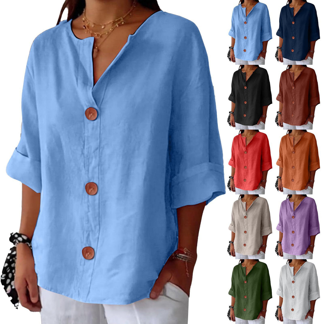 Veda Bremen Leah minimalist blouse in neutral fabric, close-up showing simple, elegant design and soft texture.