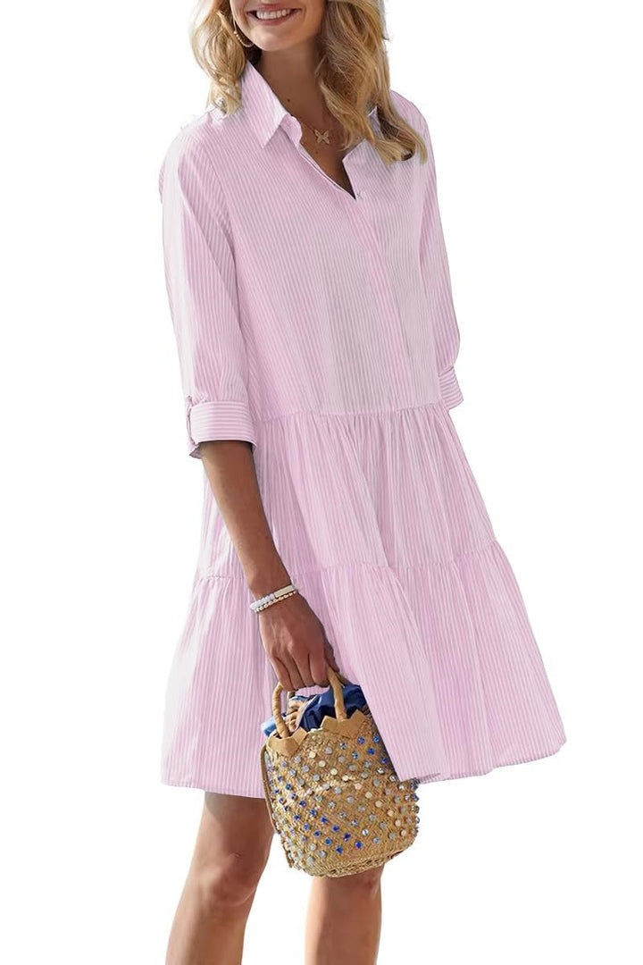 Pink Veda Bremen Sofia dress with a simple, comfortable fit, shown on a model in a casual setting