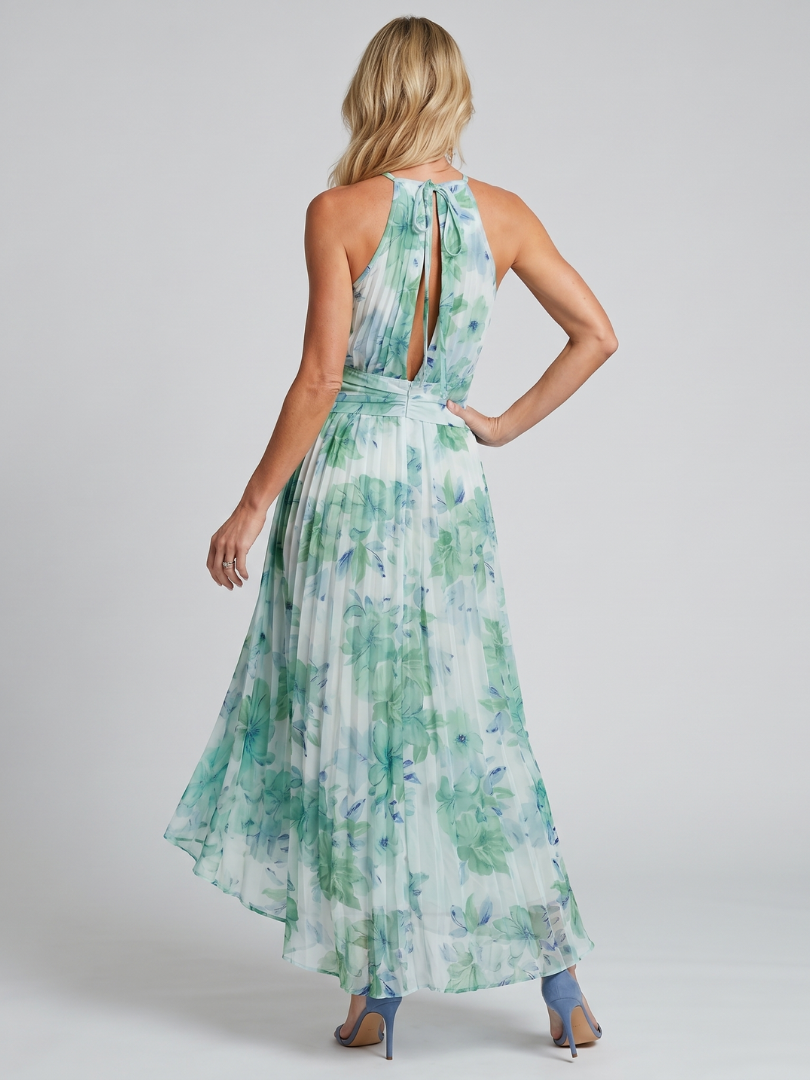 Veda Bremen Portia pleated midi dress with halter neckline and delicate floral pattern, showcasing soft fabric and elegant style.