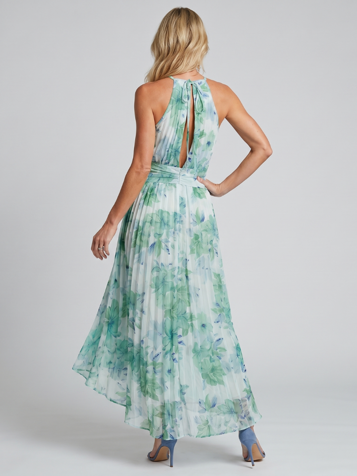Veda Bremen Portia pleated midi dress with halter neckline and delicate floral pattern, showcasing soft fabric and elegant style.