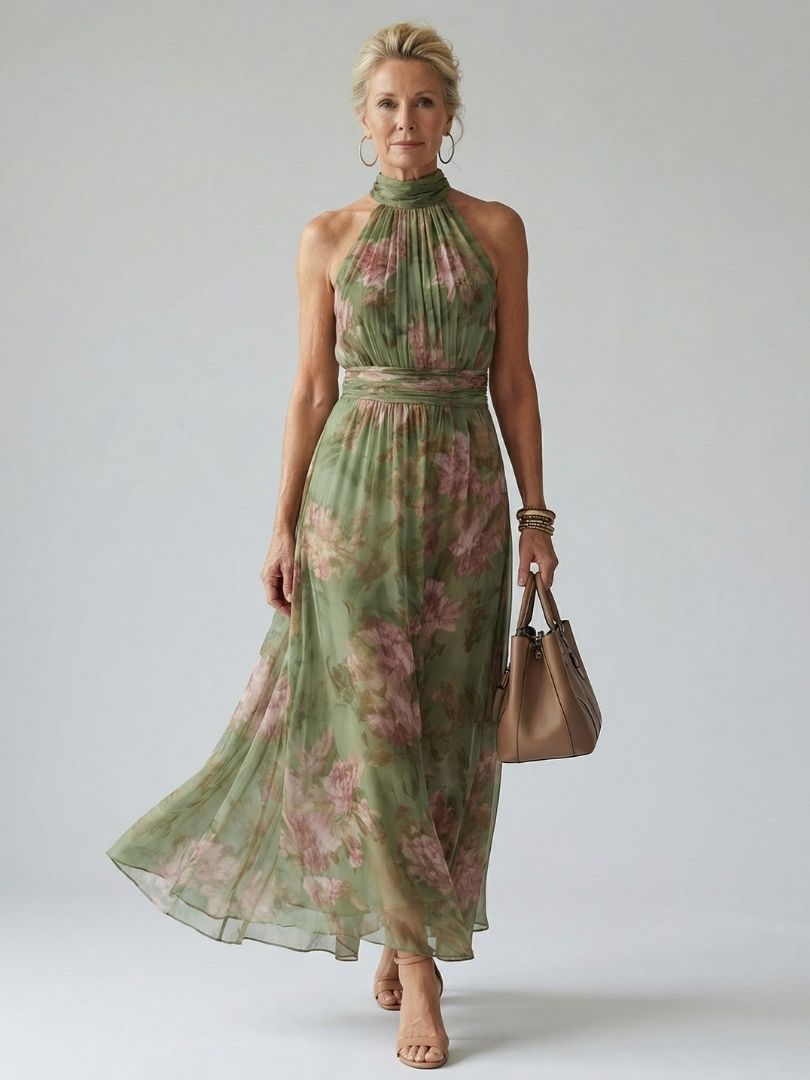 Veda Bremen Mirelle gathered halter midi dress in a sleek, elegant design with a fitted waist and flowing fabric.