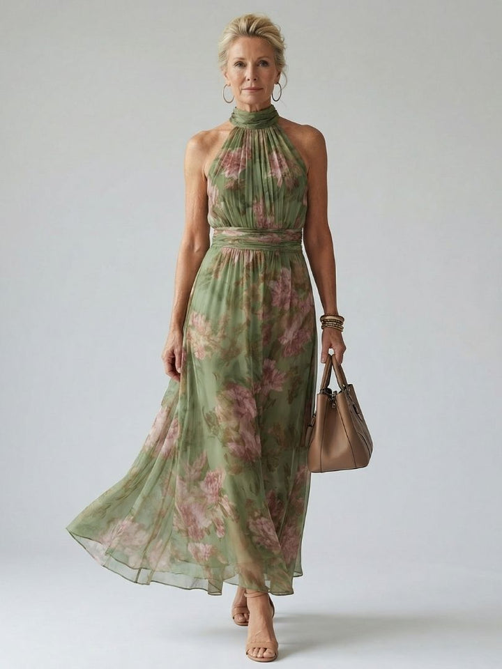 Veda Bremen Mirelle gathered halter midi dress in a sleek, elegant design with a fitted waist and flowing fabric.
