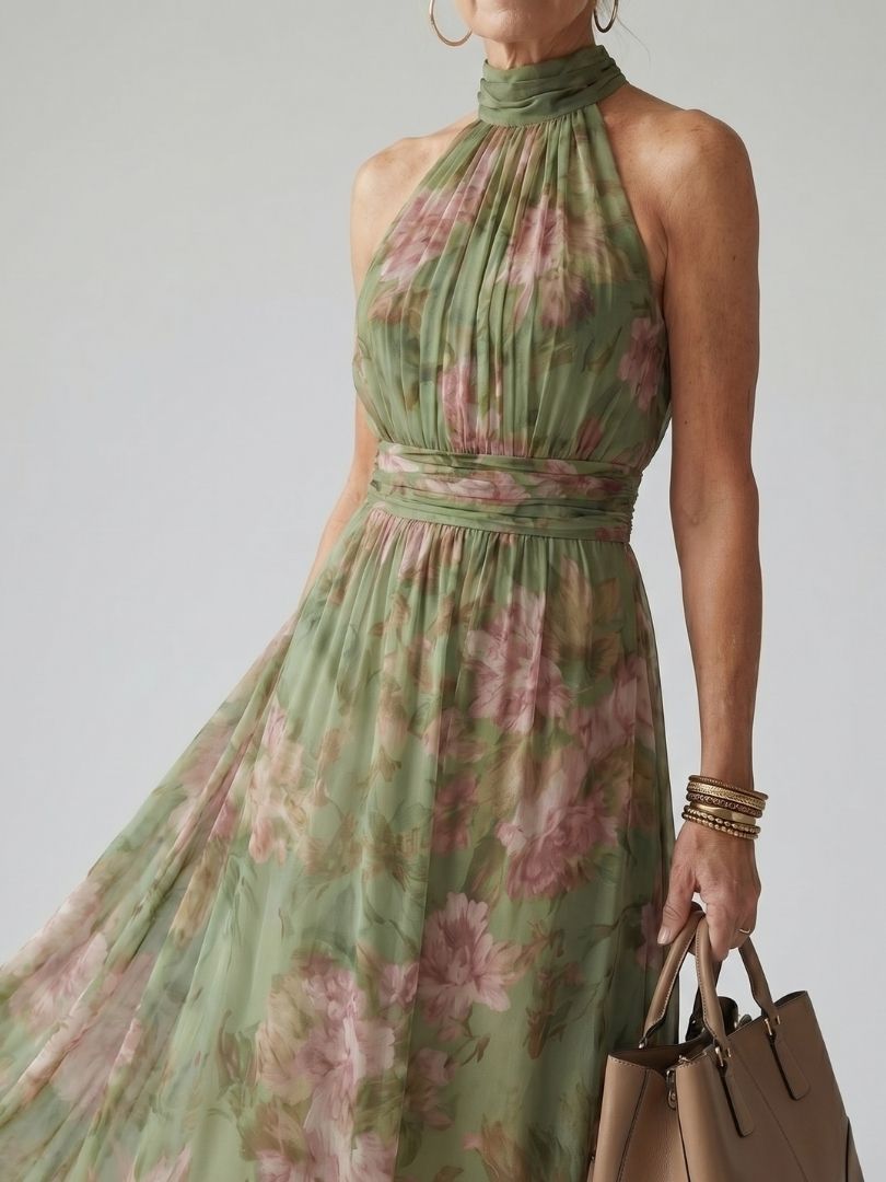 Veda Bremen Mirelle gathered halter midi dress in a sleek, elegant design with a fitted waist and flowing skirt.