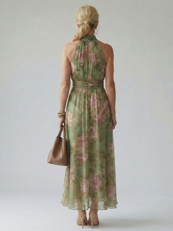 Veda Bremen Mirelle gathered halter midi dress in soft fabric, featuring a sleek silhouette and elegant neckline.