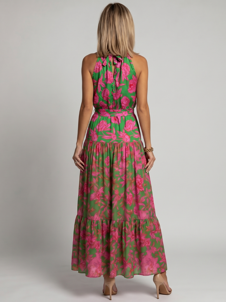 Veda Bremen Rowen draped halter midi dress featuring a stylish neckline and flowing fabric, perfect for elegant occasions.