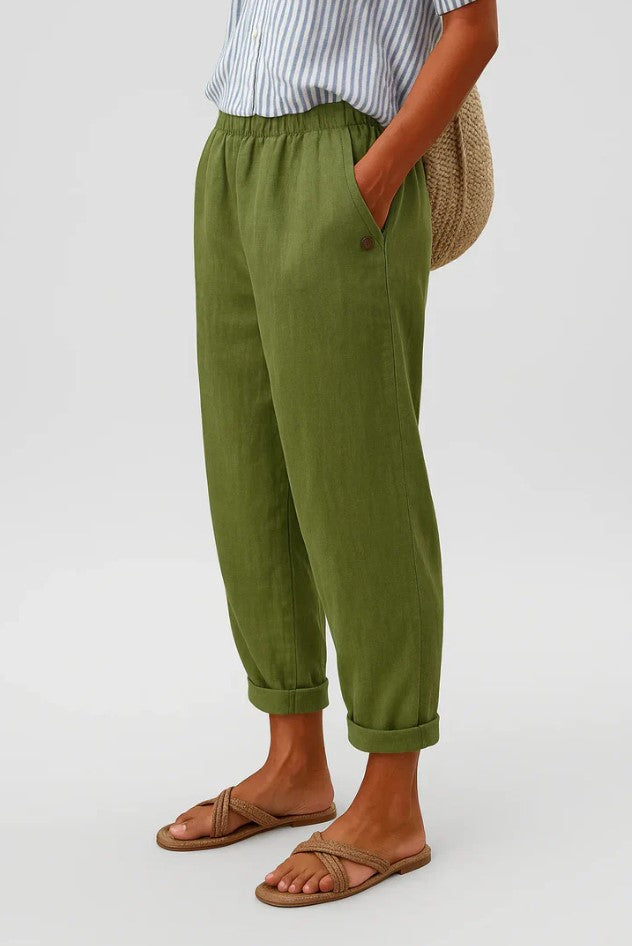 Veda Bremen Reyna casual pants in neutral fabric, featuring a relaxed fit and stylish design for comfortable everyday wear.