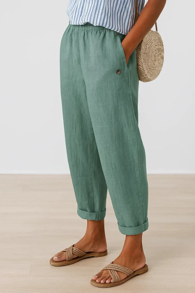 Veda Bremen Reyna timeless casual pants in neutral fabric, featuring a relaxed fit and comfortable waistband.