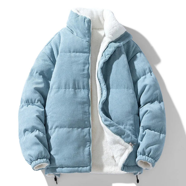 LuroLondon quilted corduroy jacket in beige with a stand collar and button closure, displayed on a hanger.