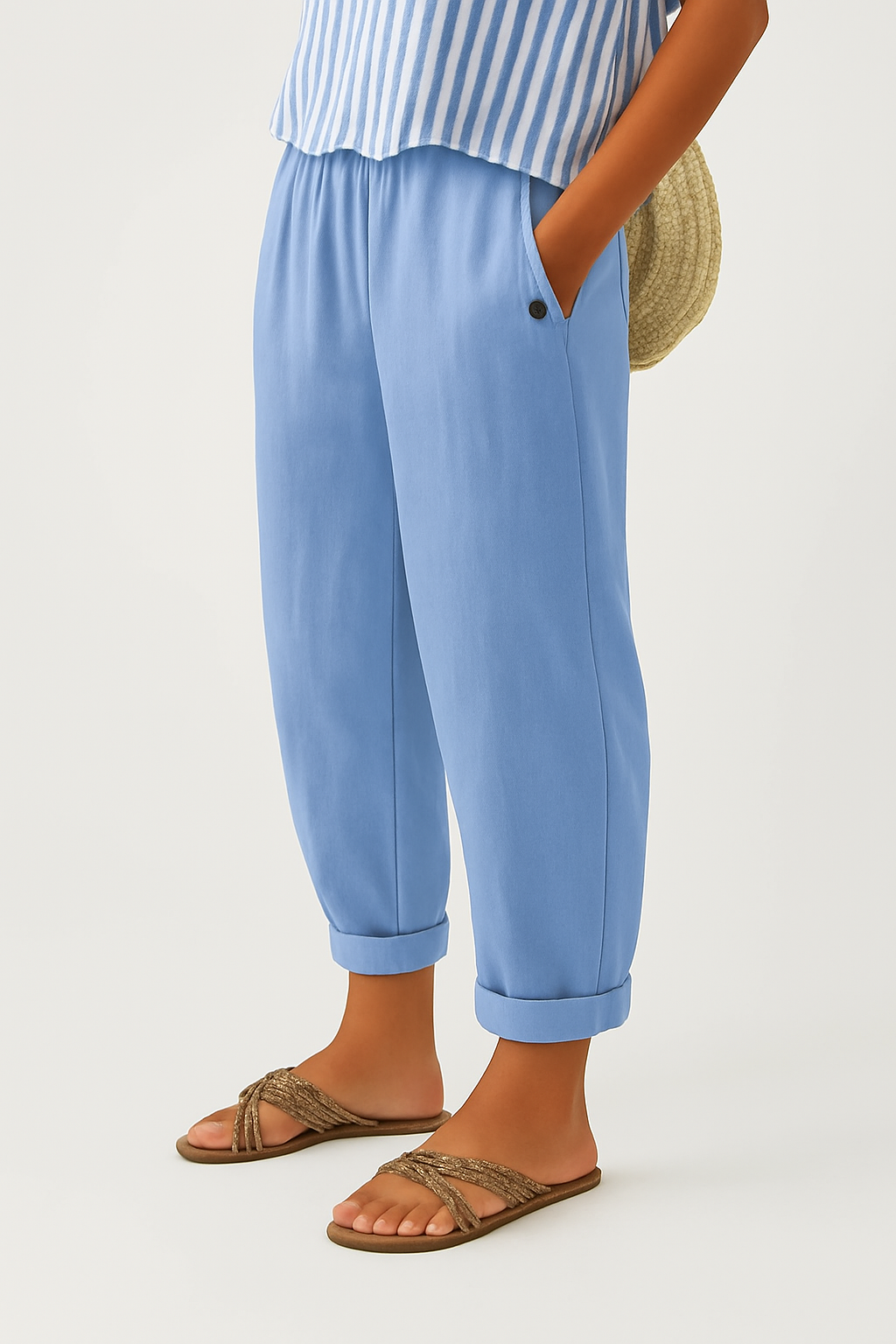 Veda Bremen Reyna casual pants in light blue fabric, featuring a relaxed fit and comfortable waistband, designed for everyday wear.