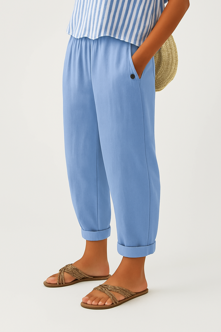 Veda Bremen Reyna casual pants in light blue fabric, featuring a relaxed fit and comfortable waistband, designed for everyday wear.