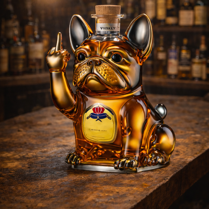 Veda Bremen Hunde Edition whisky bottle featuring a dog-themed design, standing upright on a plain background.