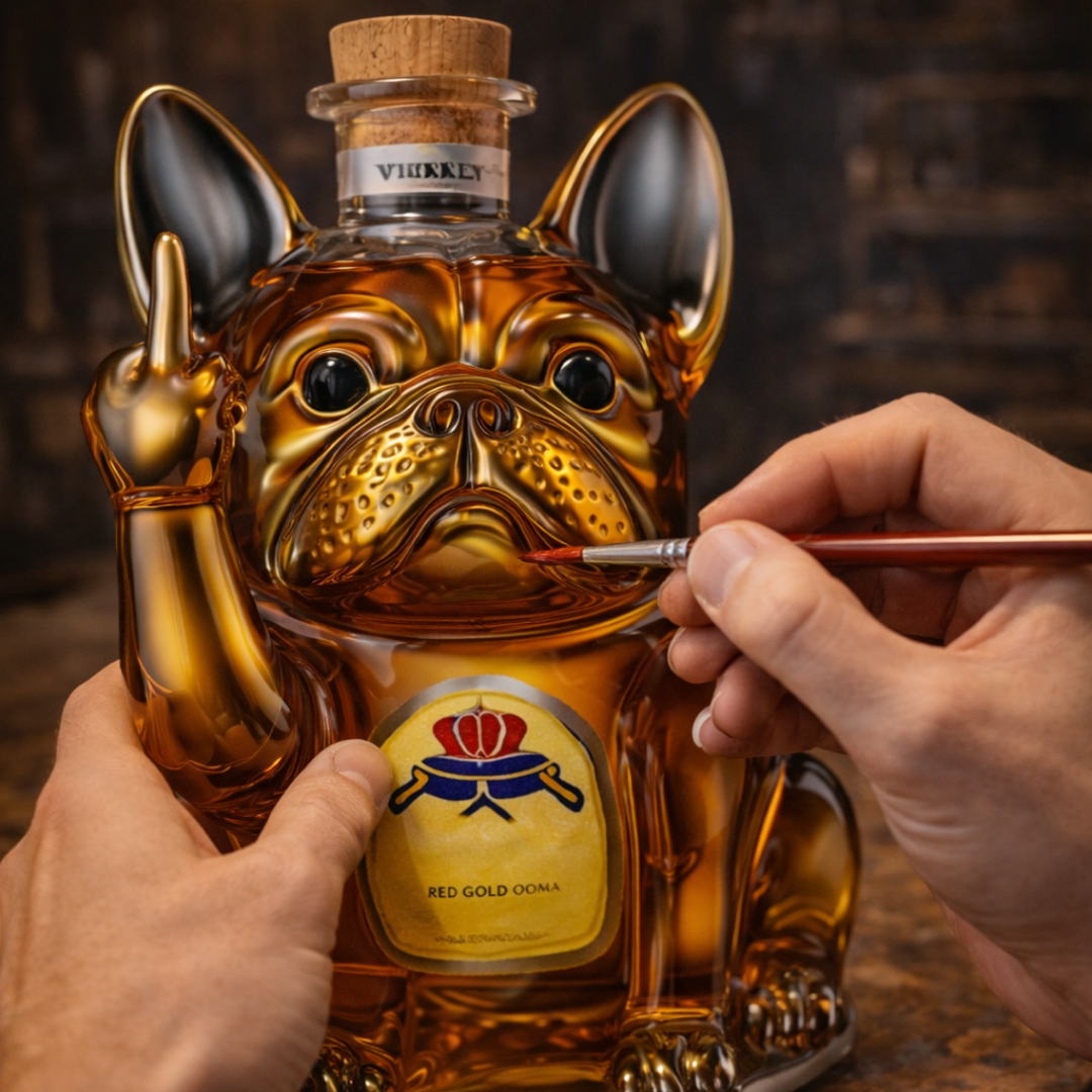 Veda Bremen Hunde Edition whisky bottle with dog-themed label, featuring a clear glass bottle with a colorful, playful design.