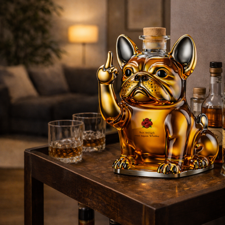 Veda Bremen Whisky Flasche Hunde Edition with dog illustration, clear glass bottle, and decorative label on a white background.