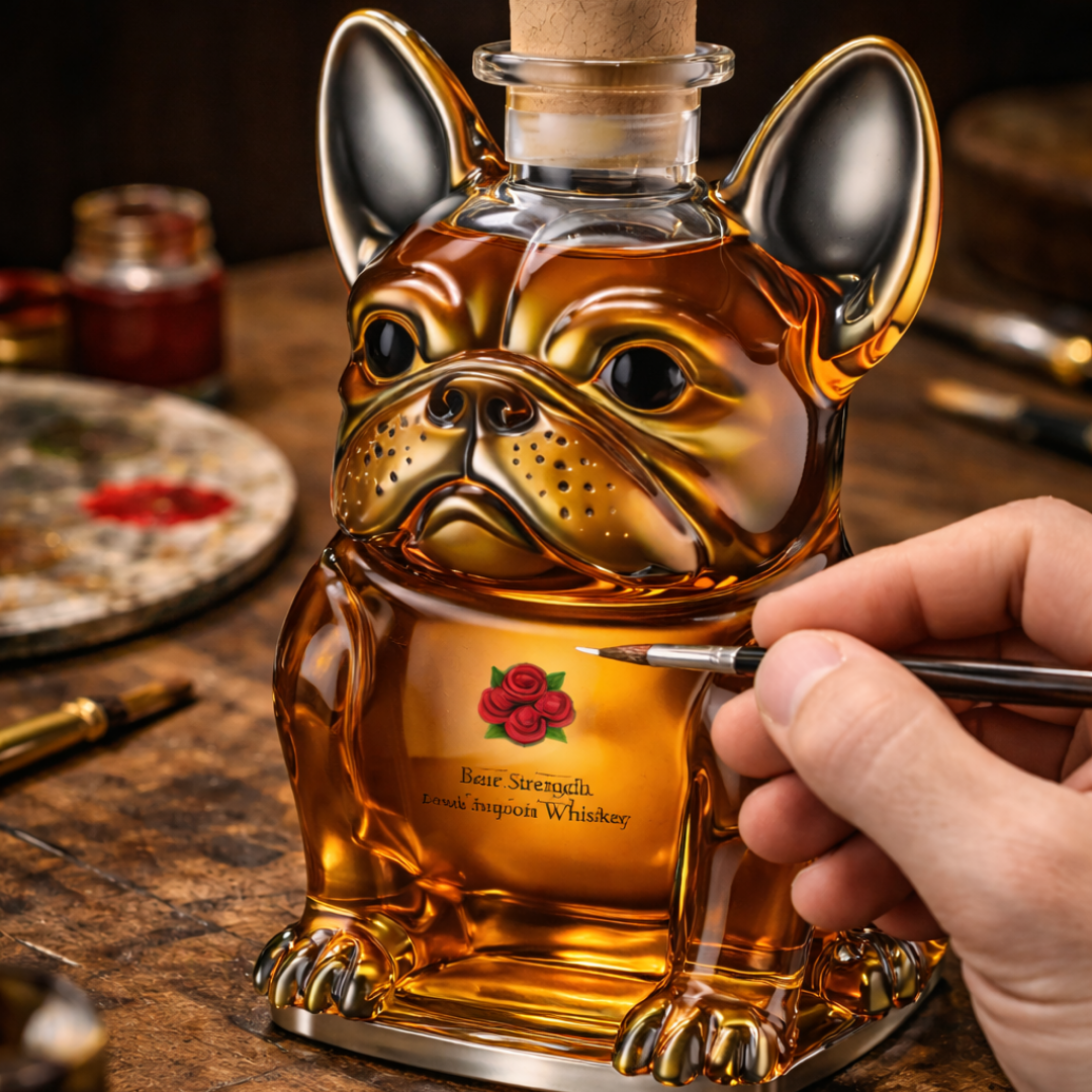 Veda Bremen Whisky Flasche Hunde Edition with label featuring playful dog illustrations, elegant glass bottle on white background