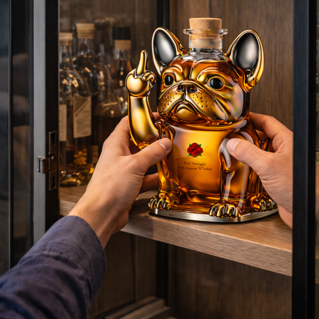 Veda Bremen Hunde Edition whisky bottle with dog-themed label, clear glass, and silver cap on a neutral background.